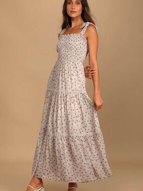 Lulu's Taupe Floral Smocked Tie-Shoulder Maxi Dress